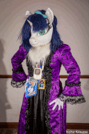 Photograph of Light The Unicorn in a purple dress, posing for the camera.